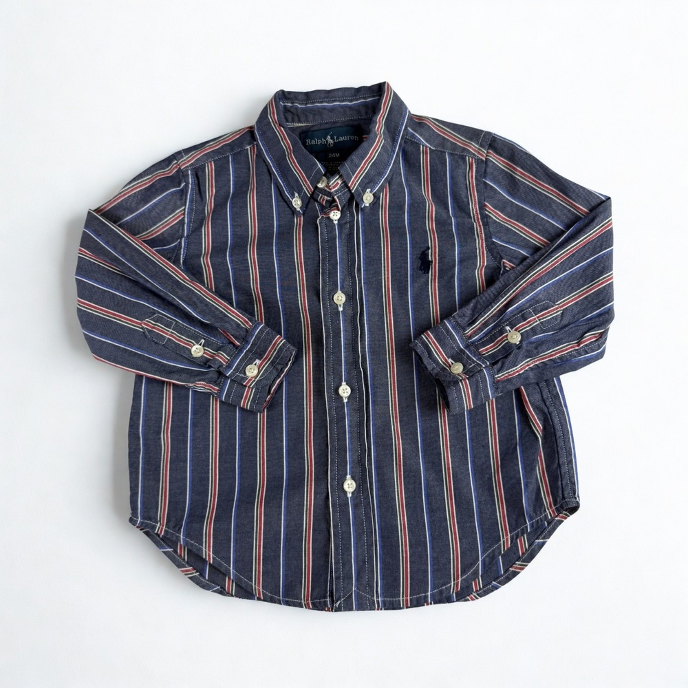 Ralph Lauren‎ Button Down Shirt Kids 24M Navy Blue Striped Preppy Long Sleeve